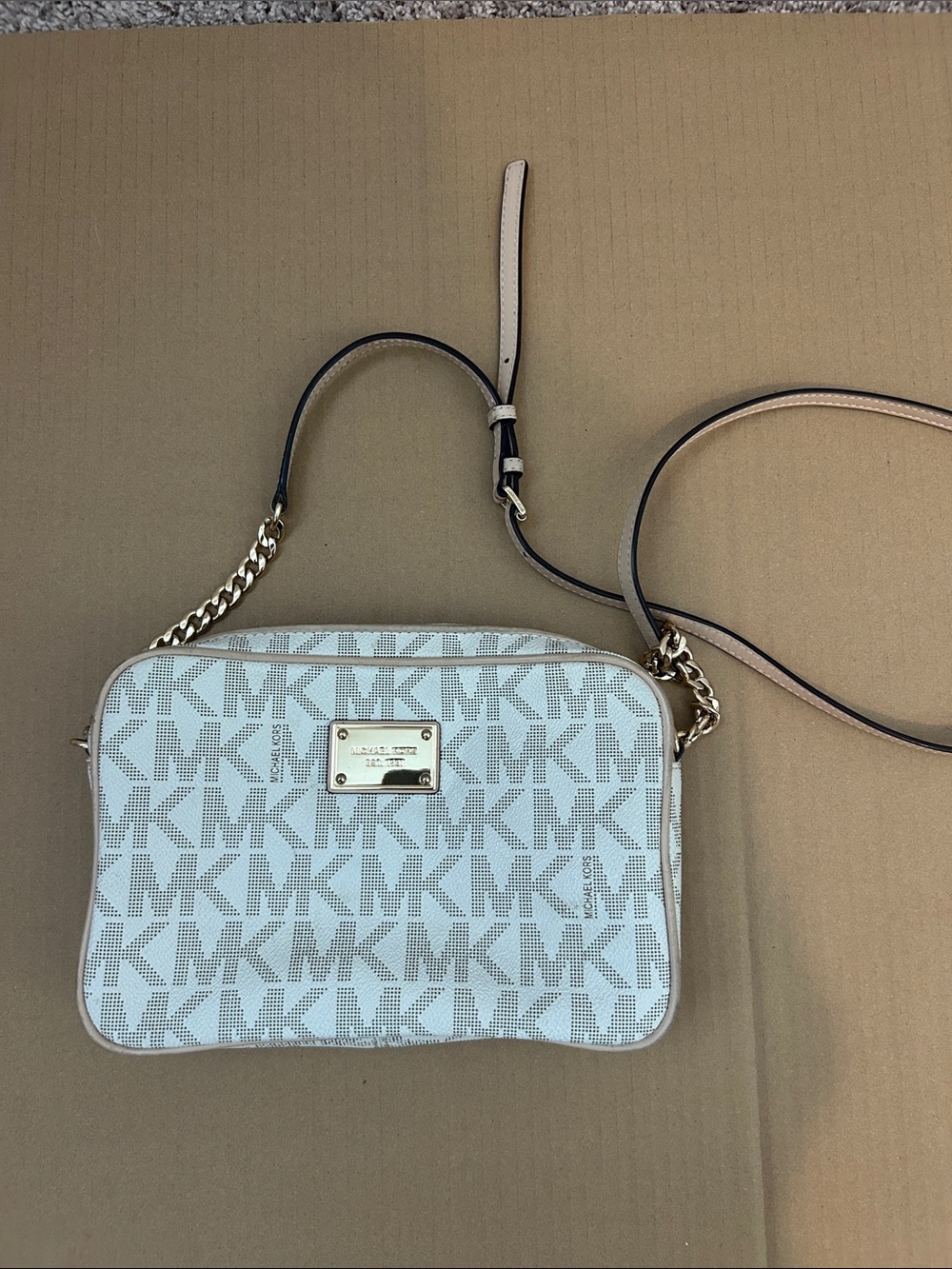 Michael Kors Cream and Gold MK Logo Crossbody Bag
